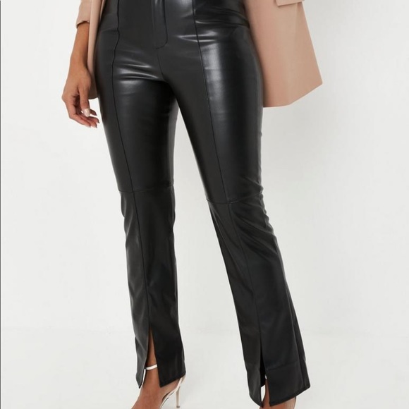 Missguided Pants - Black faux leather split front straight leg pants